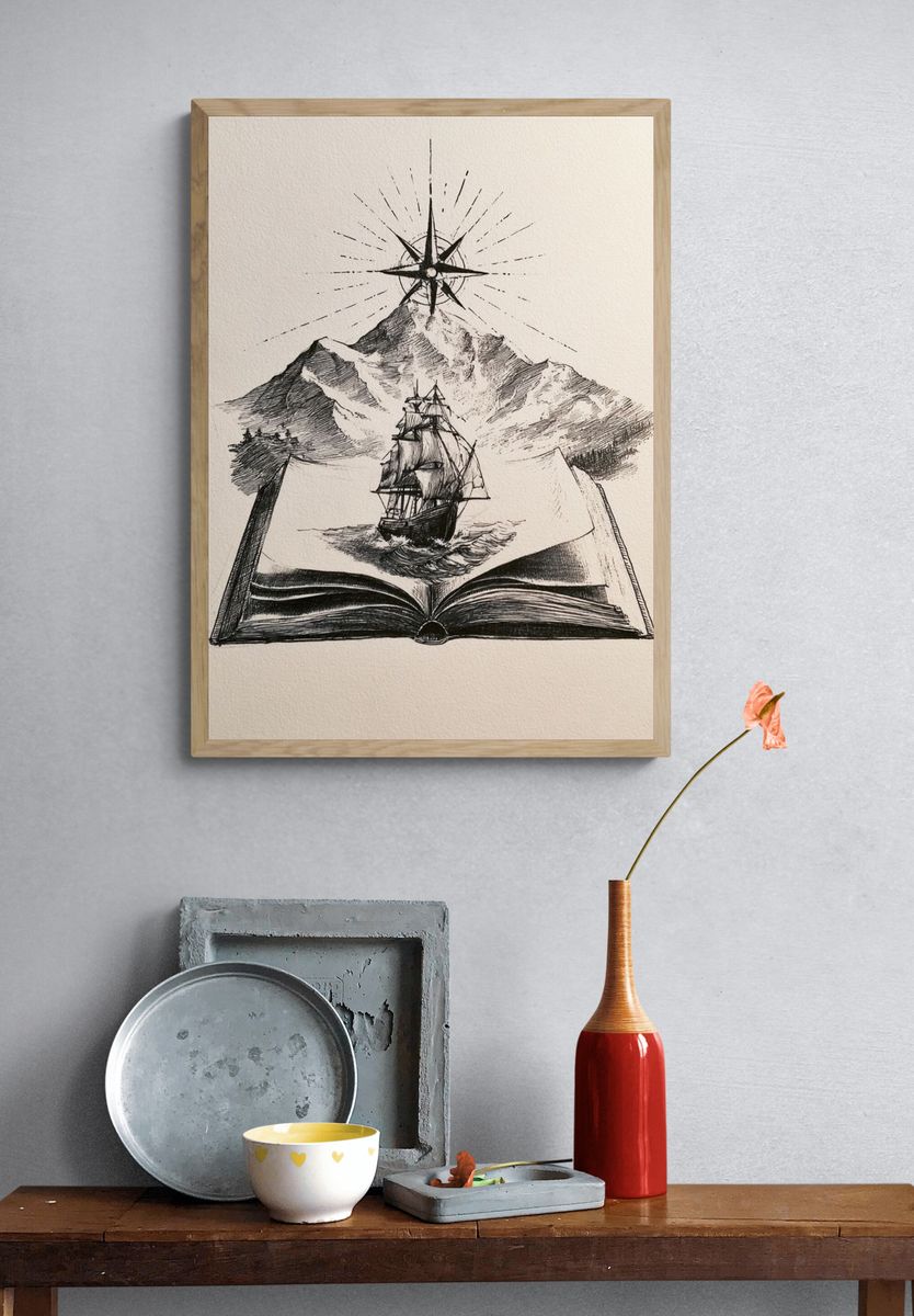 Sailing Book and Mountain Print. — room view 3