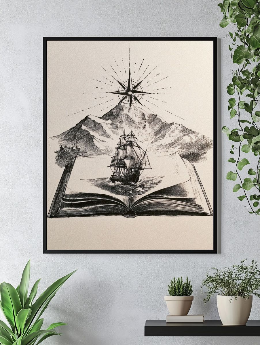 Sailing Book and Mountain Print. — room view 4