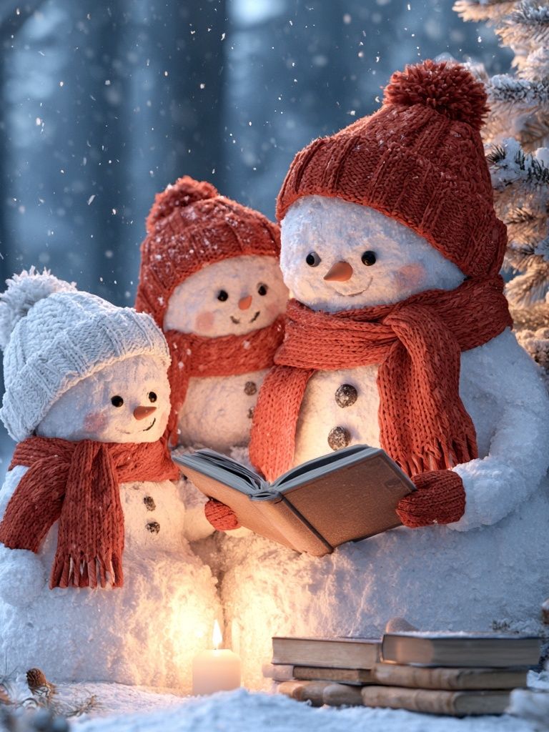 Snowman Family Reading Poster. poster — illustration art
