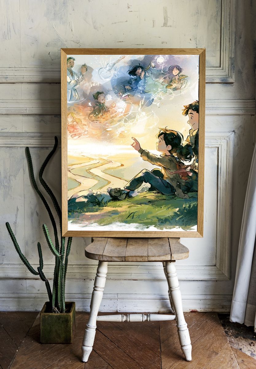 Dreamy Family Sunset Illustration Poster. — room view 1