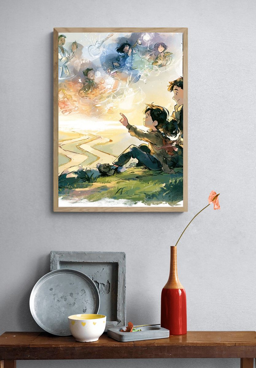 Dreamy Family Sunset Illustration Poster. — room view 3