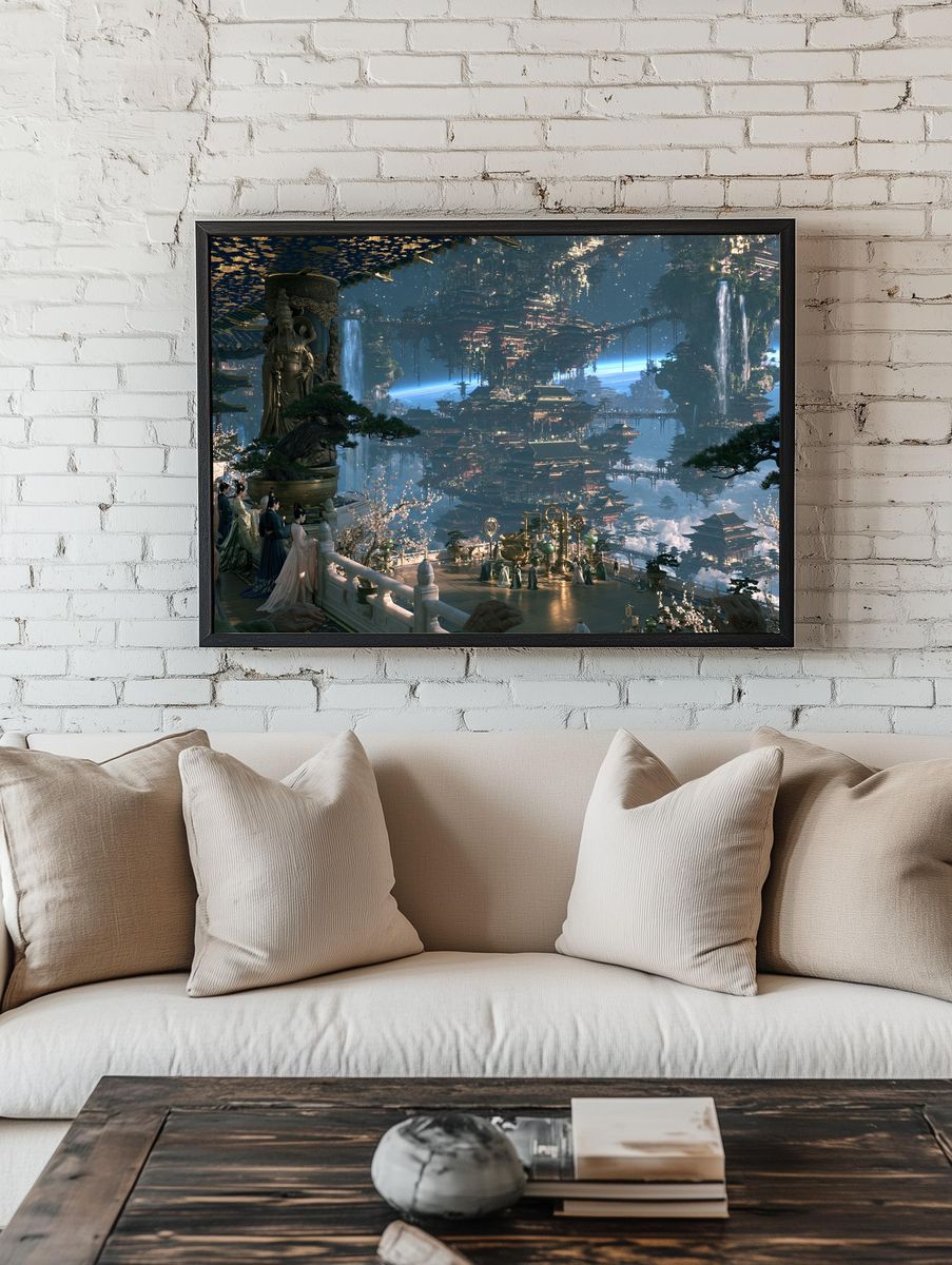 Celestial Floating Temple Illustration Poster. — room view 1