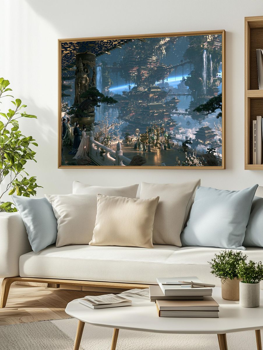 Celestial Floating Temple Illustration Poster. — room view 2