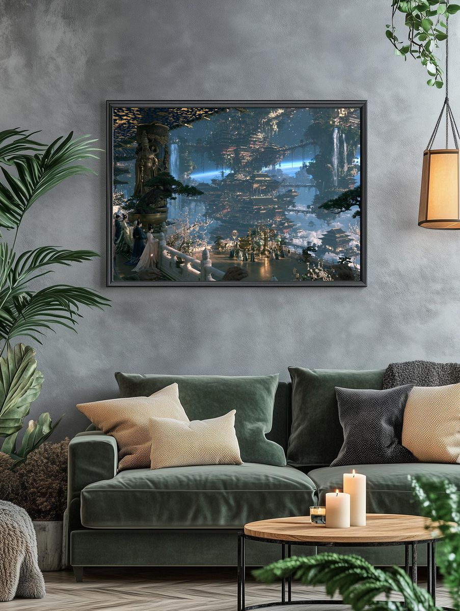 Celestial Floating Temple Illustration Poster. — room view 4