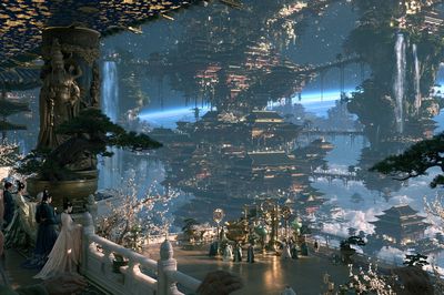 Celestial Floating Temple Illustration Poster. poster
