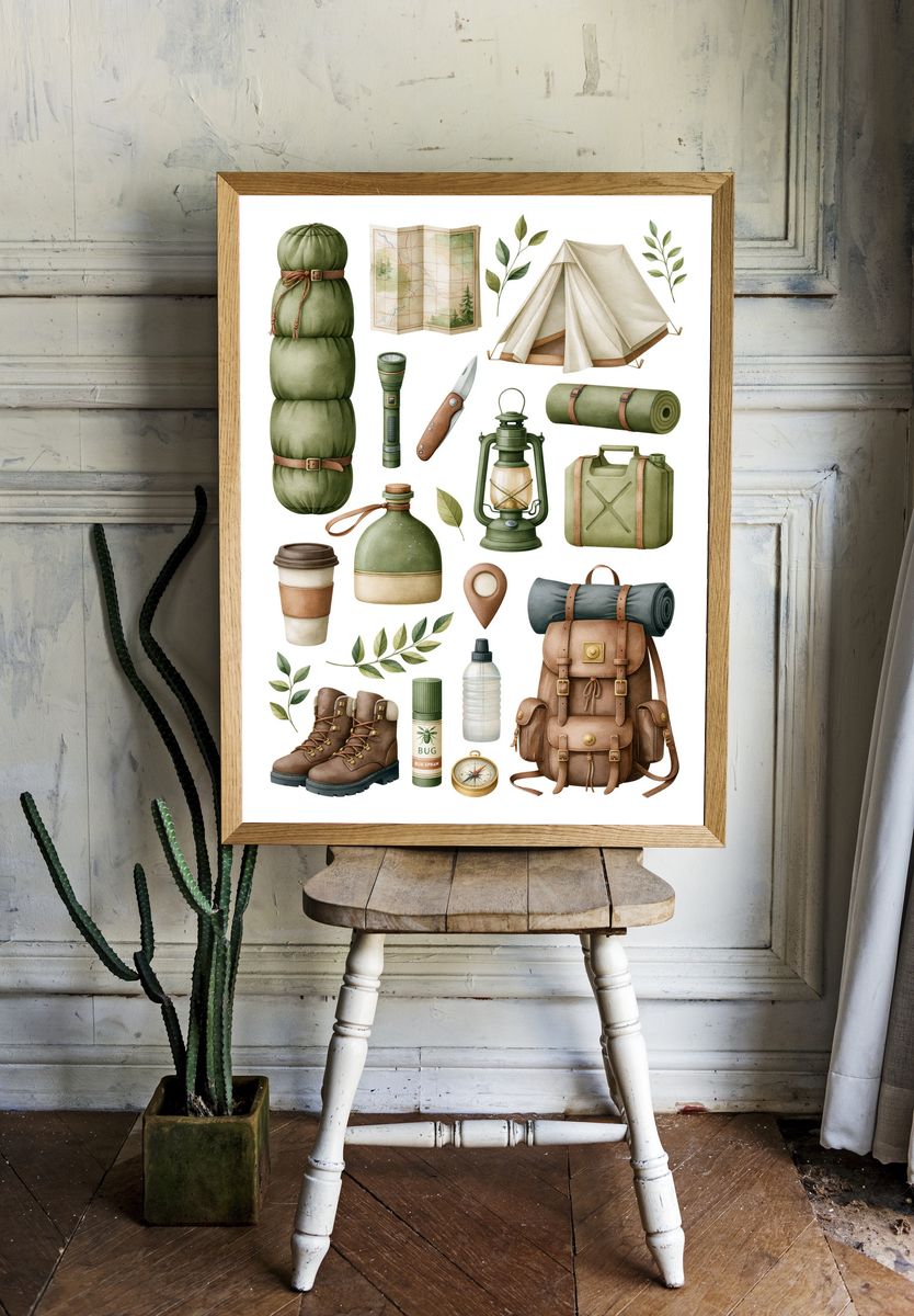 Camping Gear Watercolor Poster. — room view 1