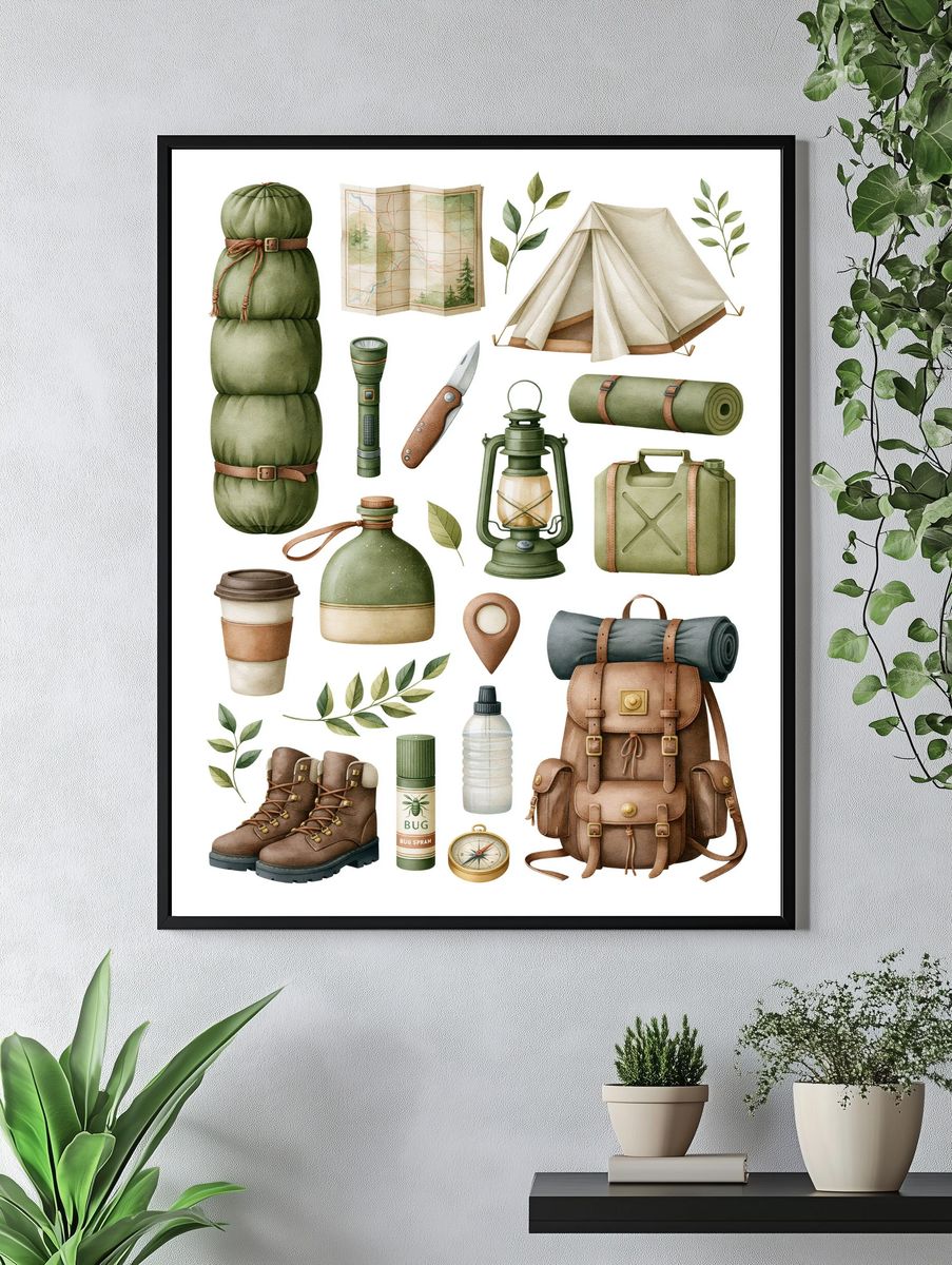 Camping Gear Watercolor Poster. — room view 4