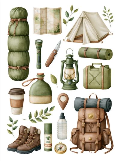 Camping Gear Watercolor Poster.