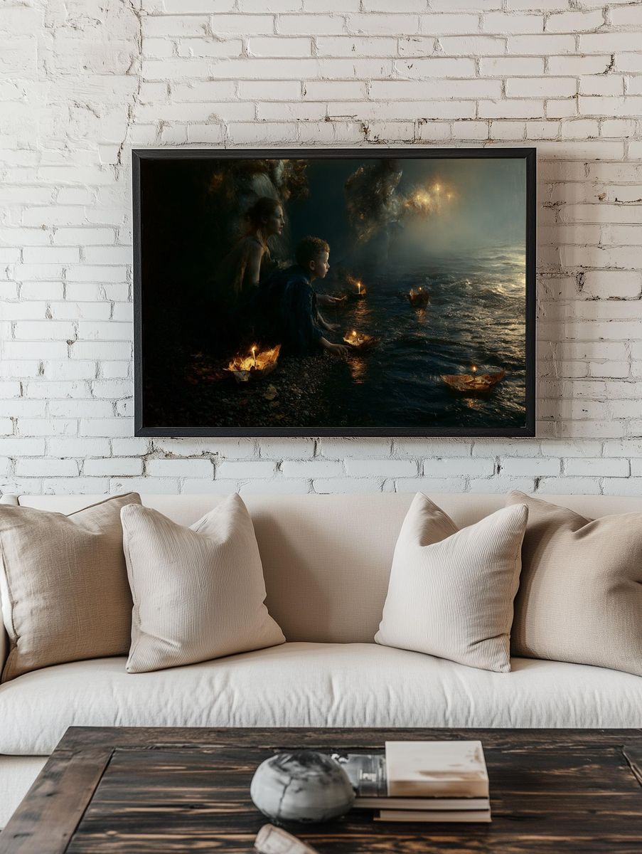 Lanterns on the Shore Surrealism Print. room preview