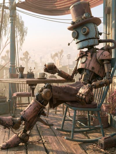 Steampunk Robot Porch Print. poster