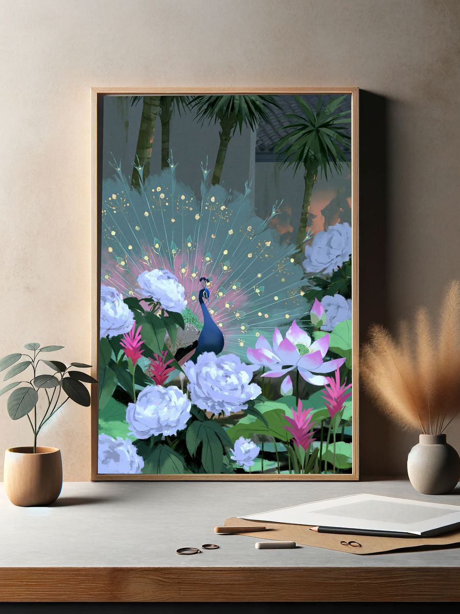 Peacock Garden Digital Art Poster. — room view 2