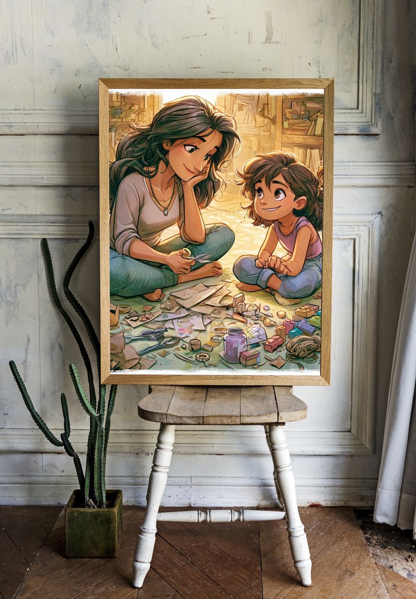 Mother and Child Cozy Illustration Poster. room preview