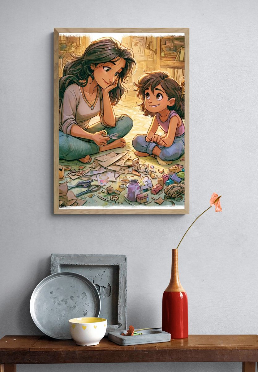 Mother and Child Cozy Illustration Poster. — room view 3