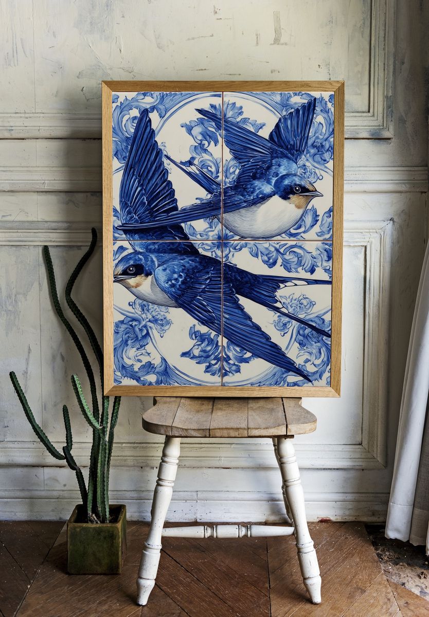 Blue Swallow Tile Illustration Poster. room preview