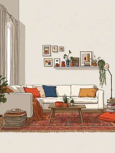 Cozy Boho Living Room Illustration Poster.
