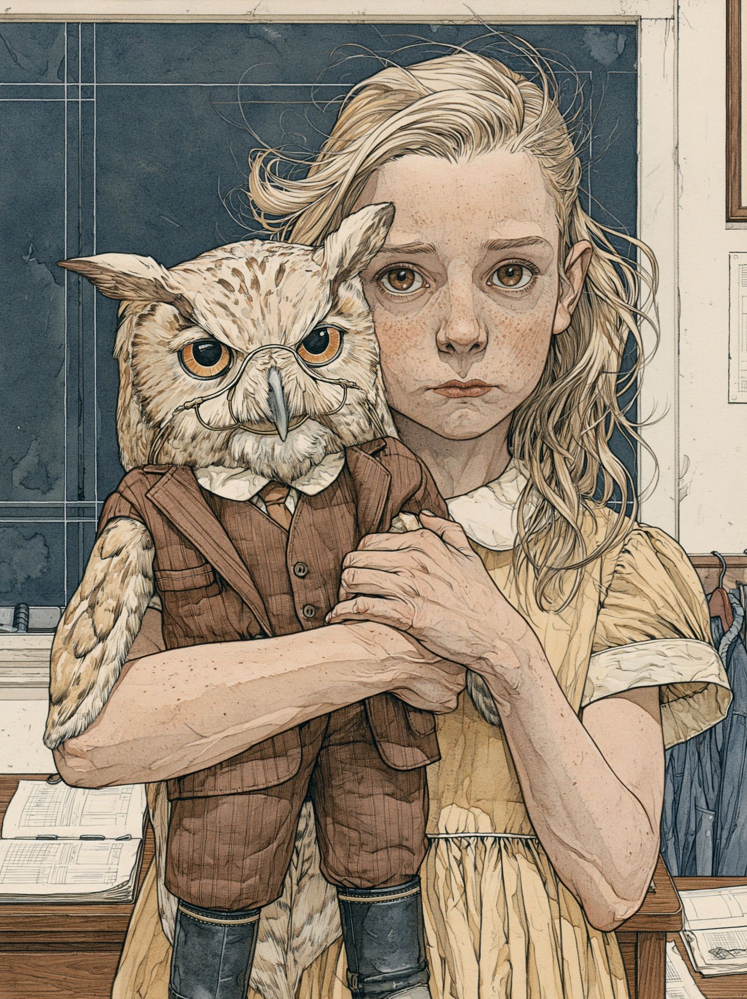 Girl with Owl Portrait Print. poster — illustration art