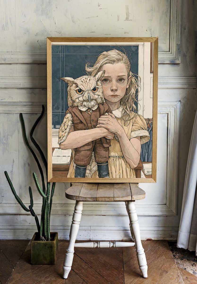 Girl with Owl Portrait Print. — room view 1
