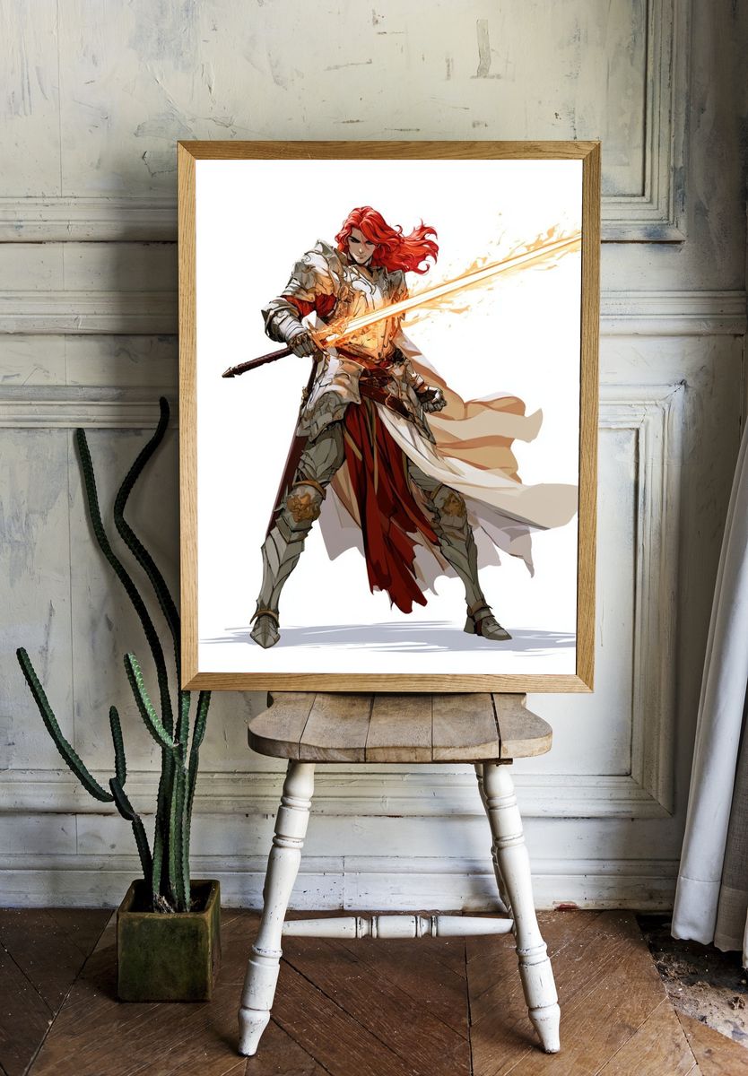 Red-Haired Knight Digital Art Poster. — room view 1