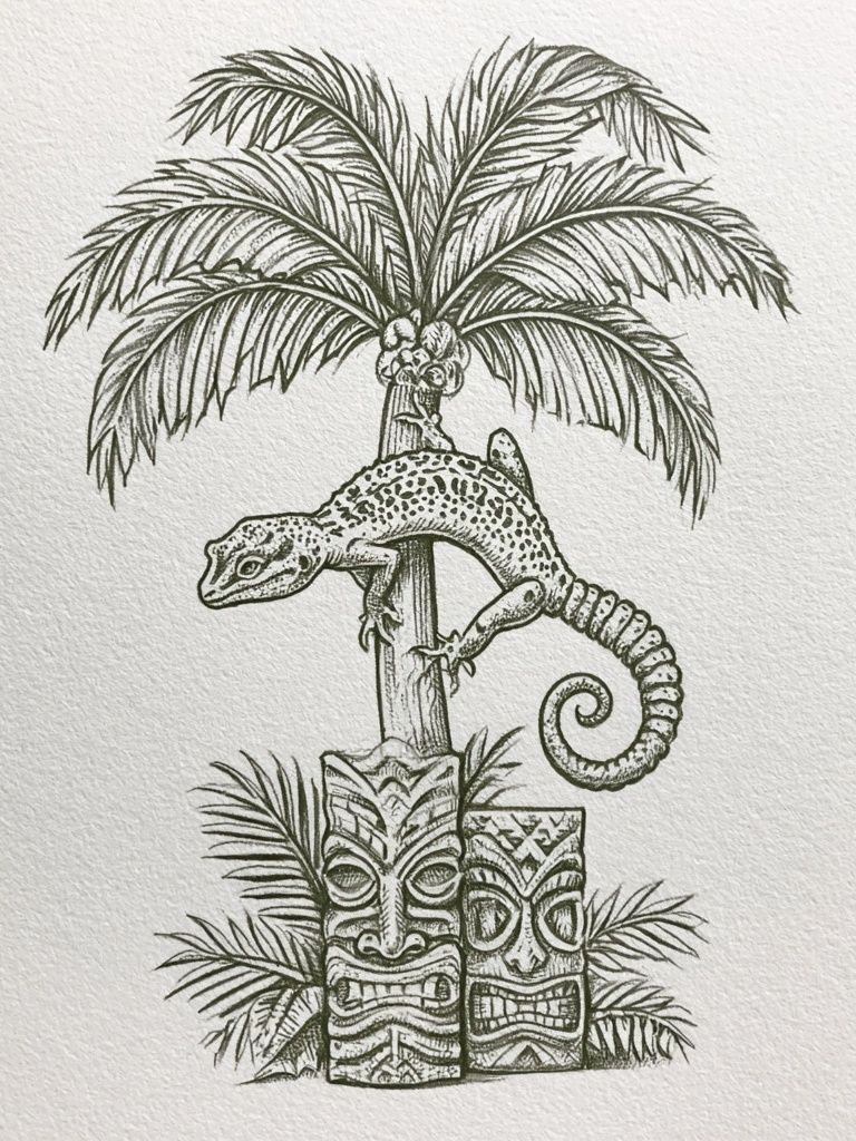 Tropical Gecko Tiki Illustration Poster. poster — illustration art