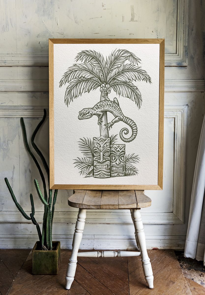 Tropical Gecko Tiki Illustration Poster. room preview