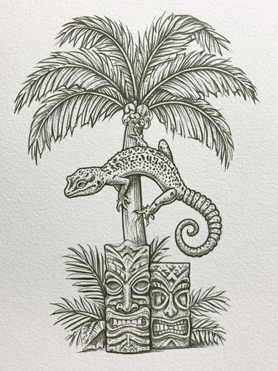 Tropical Gecko Tiki Illustration Poster. poster print
