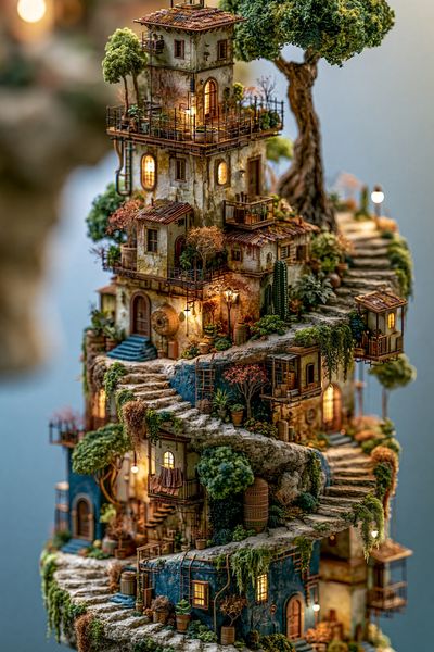 Fantasy Cliffside Village Print. poster