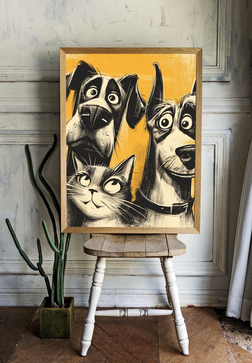 Playful Dogs and Cat Illustration Poster room preview