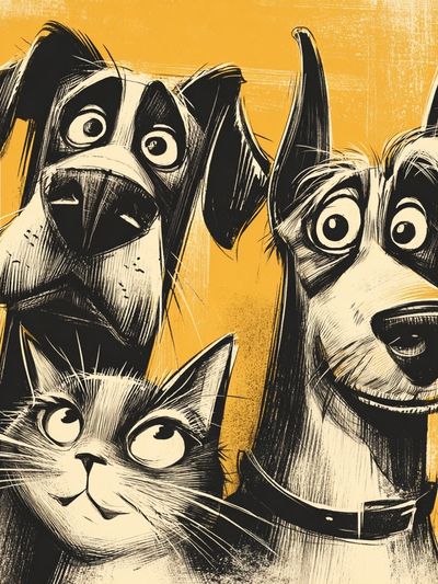 Playful Dogs and Cat Illustration Poster. poster
