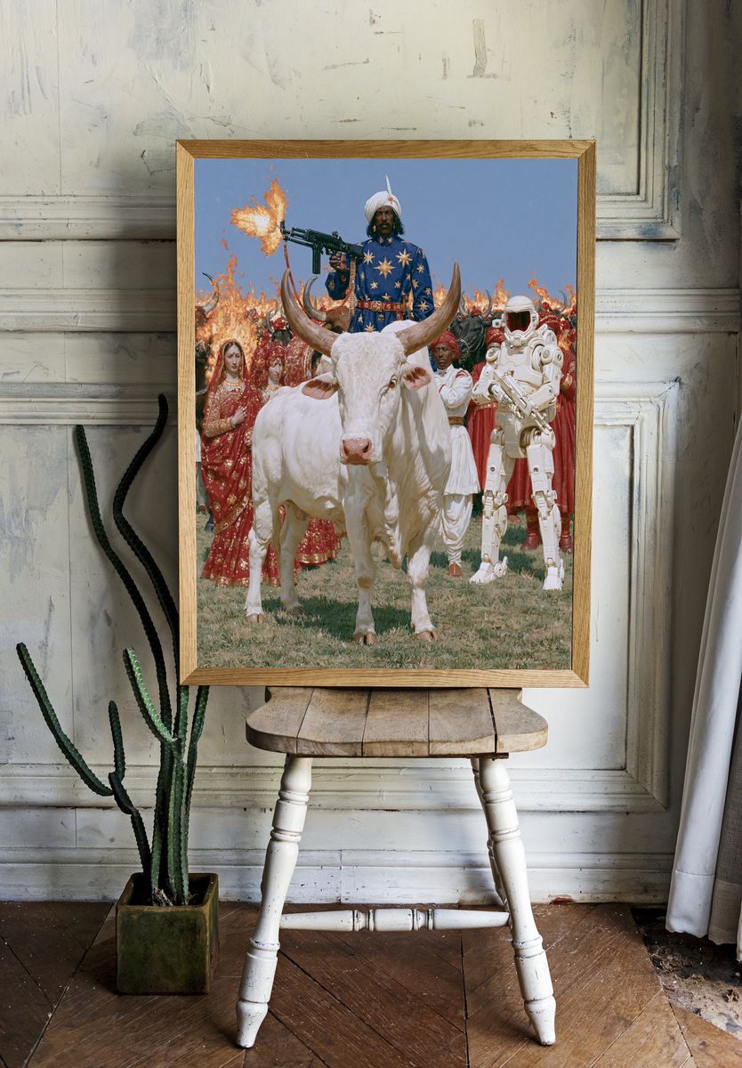 Surreal Bull Parade Illustration Poster. — room view 1