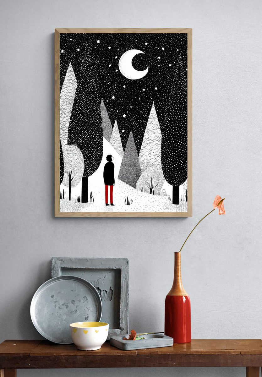 Moonlit Forest Illustration Poster. — room view 3