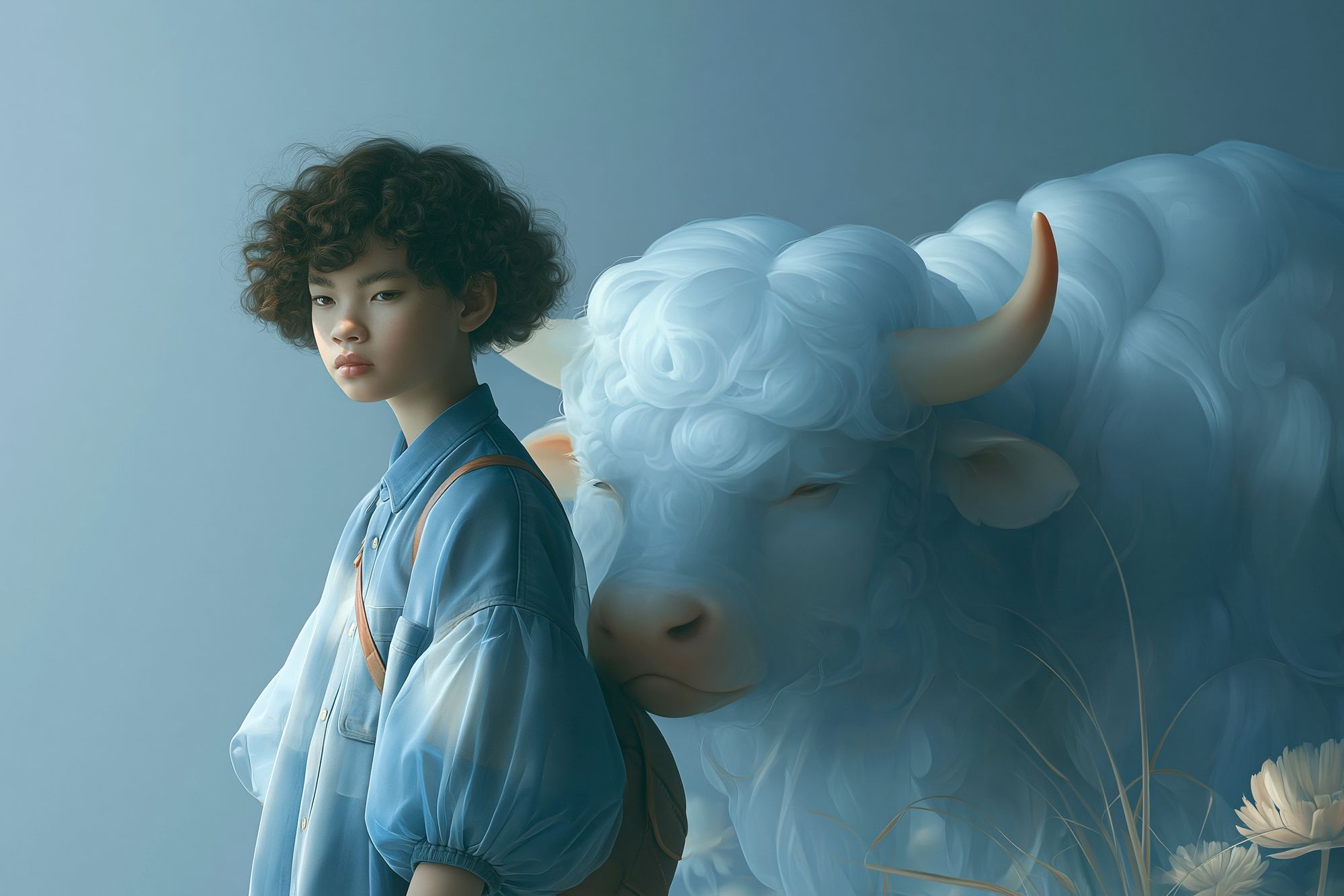 Boy and White Bull Surrealism Print. poster detail