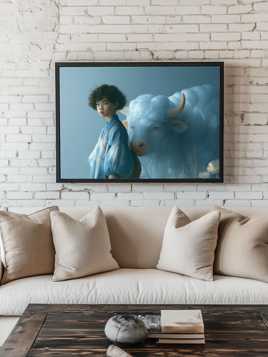 Boy and White Bull Surrealism Print. room preview