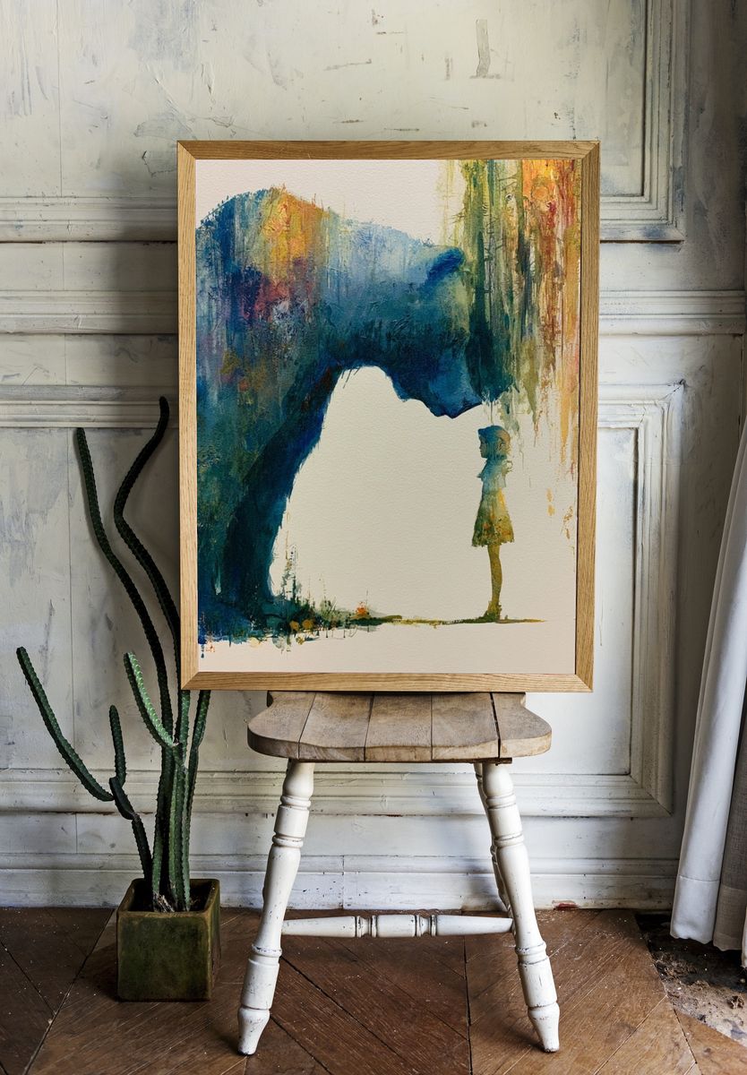 Dreamlike Encounter Watercolor Print. room preview