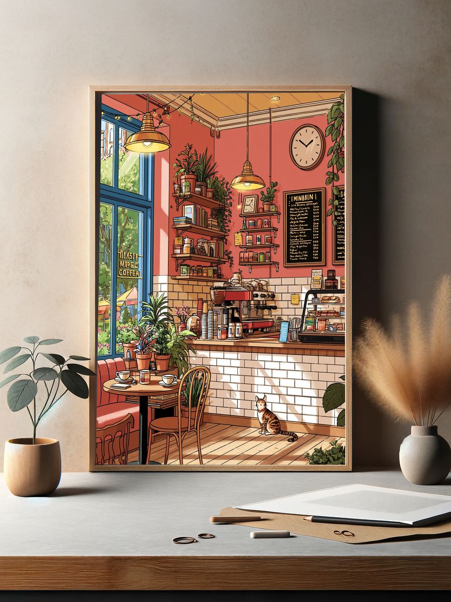 Cozy Coffee Shop Interior Illustration Poster. — room view 2