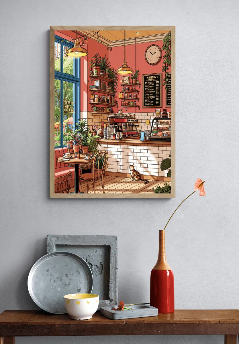 Cozy Coffee Shop Interior Illustration Poster. — room view 3
