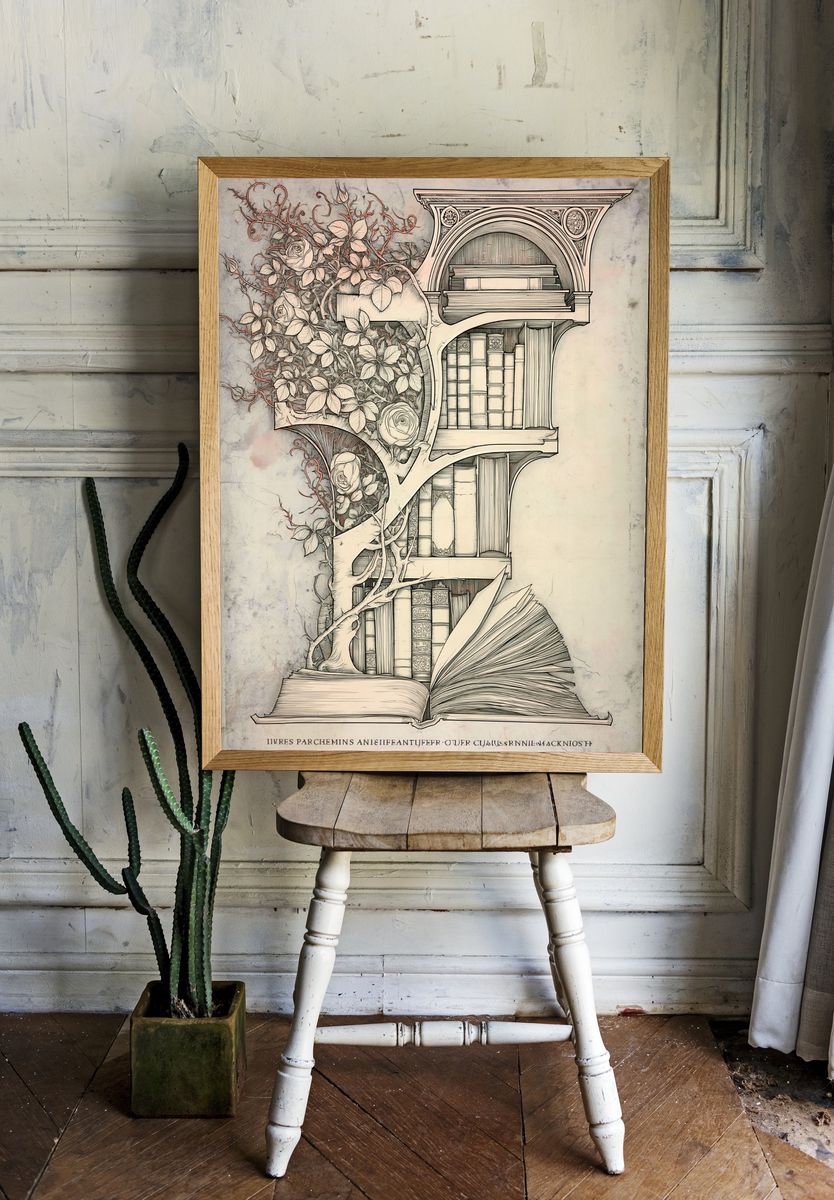 Botanical Bookshelf Illustration Poster. — room view 1