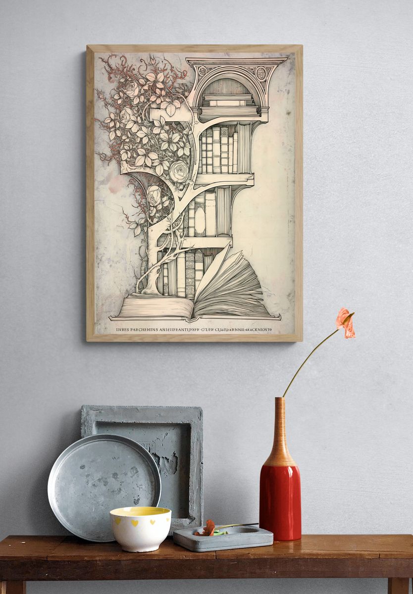 Botanical Bookshelf Illustration Poster. — room view 3