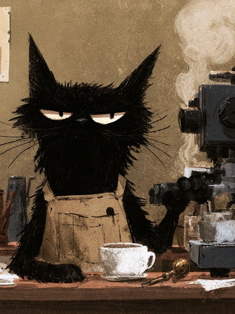 Black Cat Coffee Shop Illustration Poster. poster detail