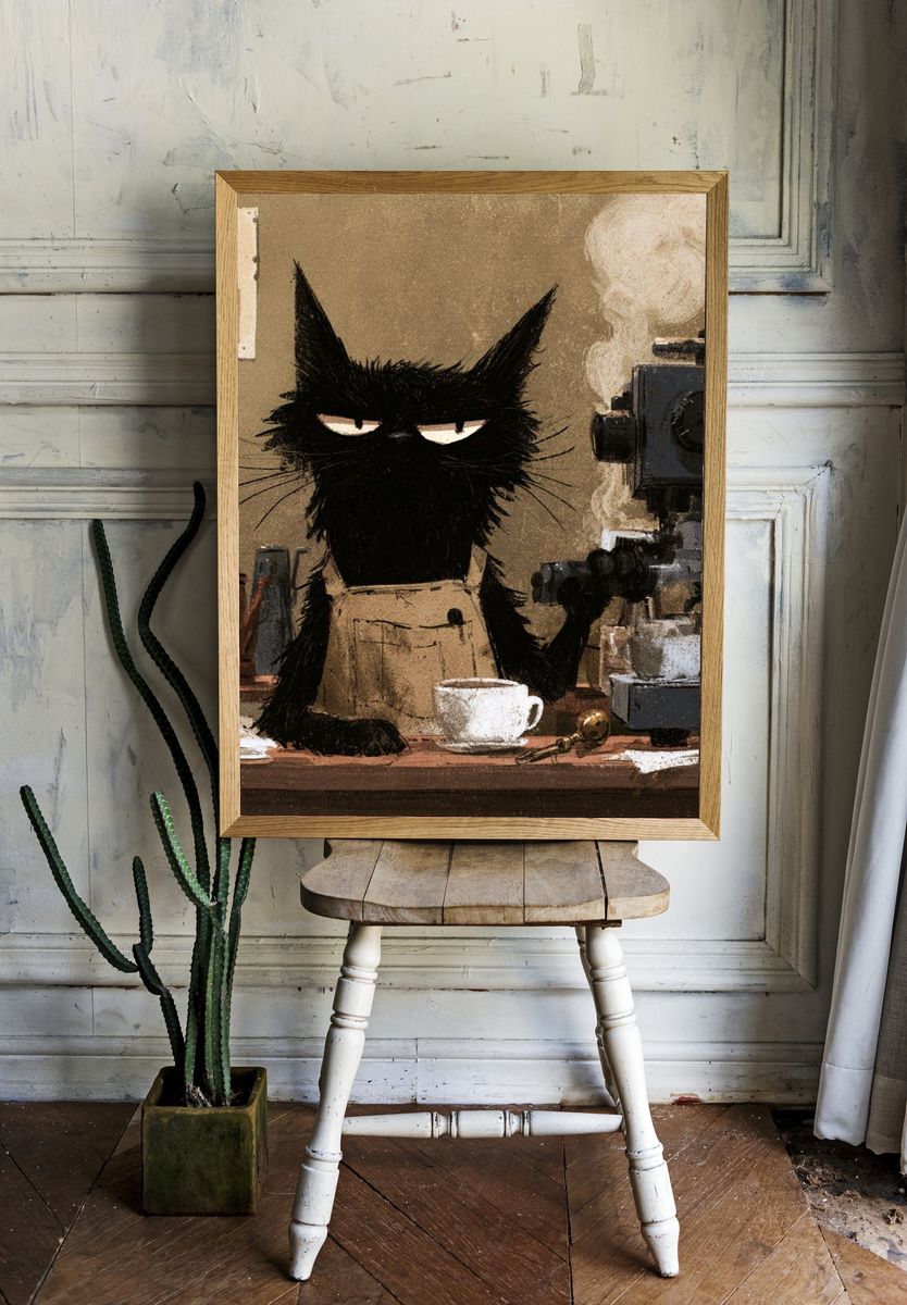Black Cat Coffee Shop Illustration Poster. — room view 1