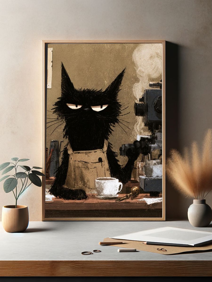 Black Cat Coffee Shop Illustration Poster. — room view 2