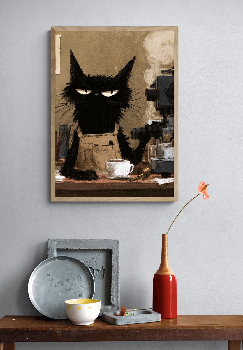 Black Cat Coffee Shop Illustration Poster. — room view 3