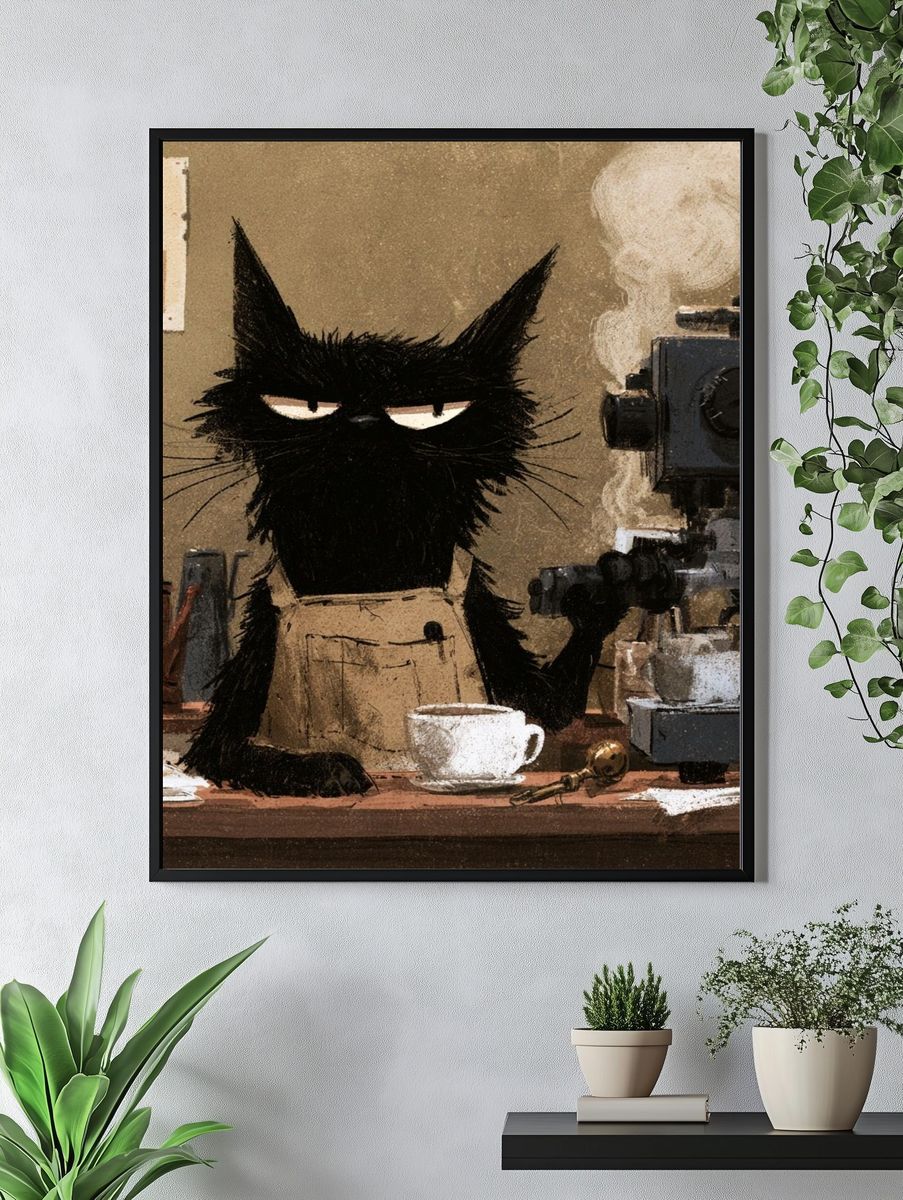 Black Cat Coffee Shop Illustration Poster. — room view 4