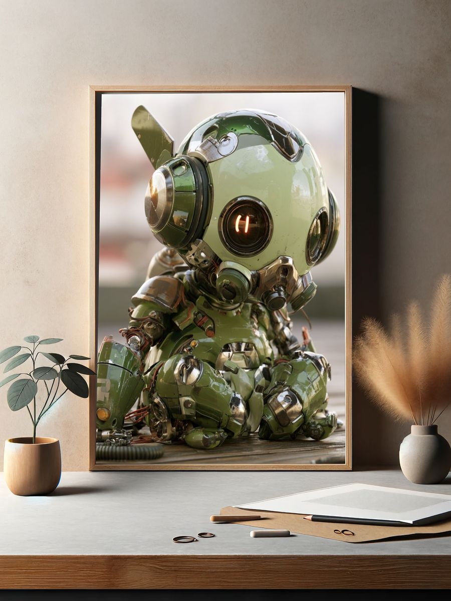Cute Green Robot Portrait Poster. — room view 2