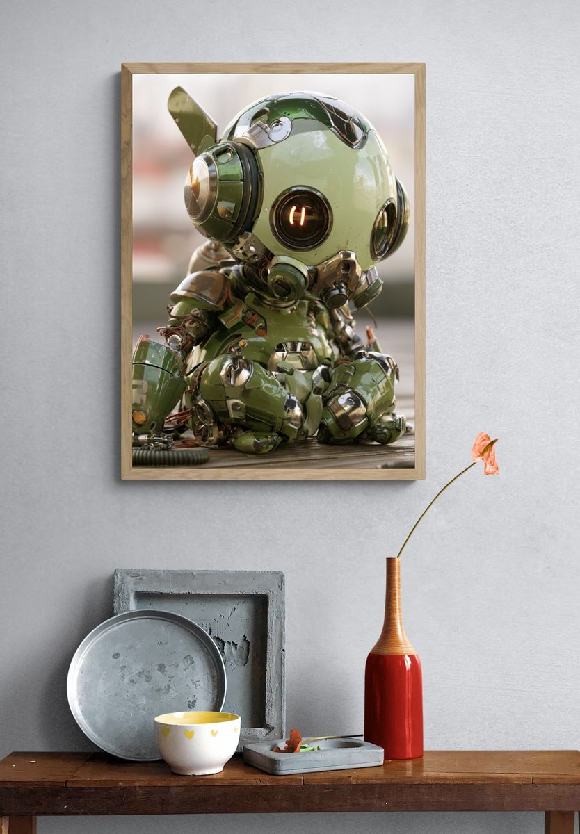 Cute Green Robot Portrait Poster. — room view 3