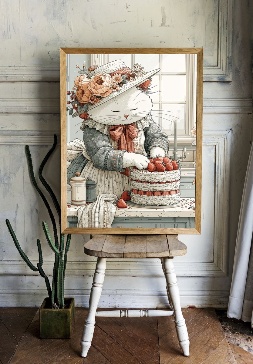 Victorian Cat Baker Illustration Poster. — room view 1