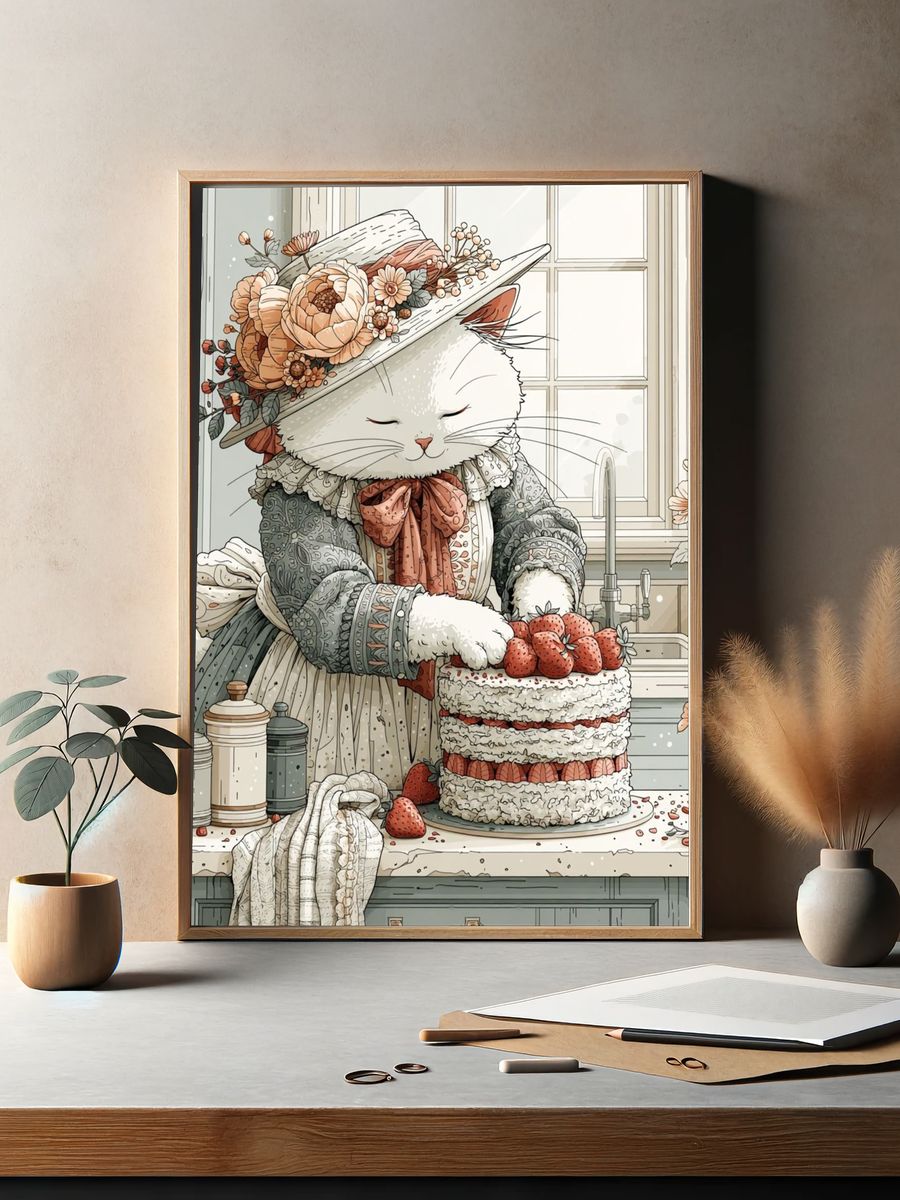 Victorian Cat Baker Illustration Poster. — room view 2