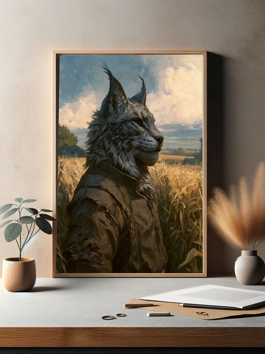 Cat in Wheat Field Illustration Poster. — room view 2