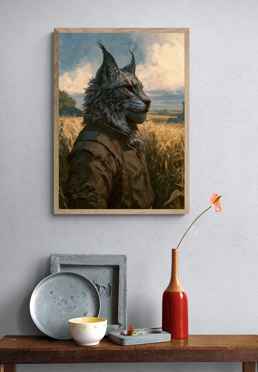 Cat in Wheat Field Illustration Poster. — room view 3