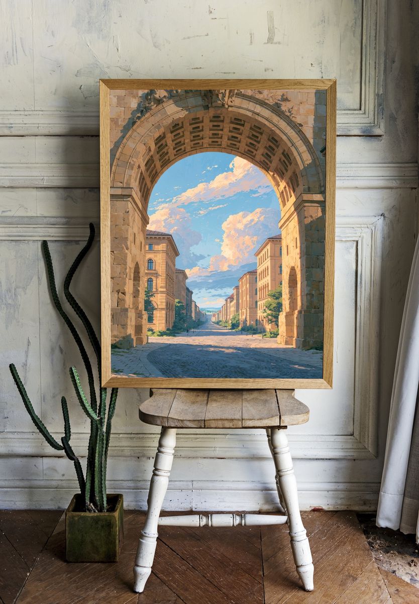 Sunlit Archway Cityscape Illustration Poster. — room view 1