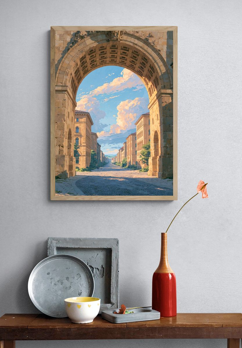 Sunlit Archway Cityscape Illustration Poster. — room view 3